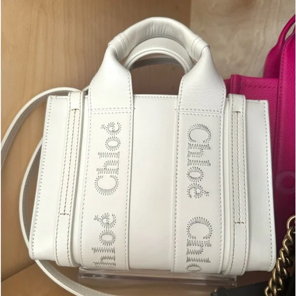 Chloe’ Mini Leather Woody Tote in White - Picture 2 of 12
